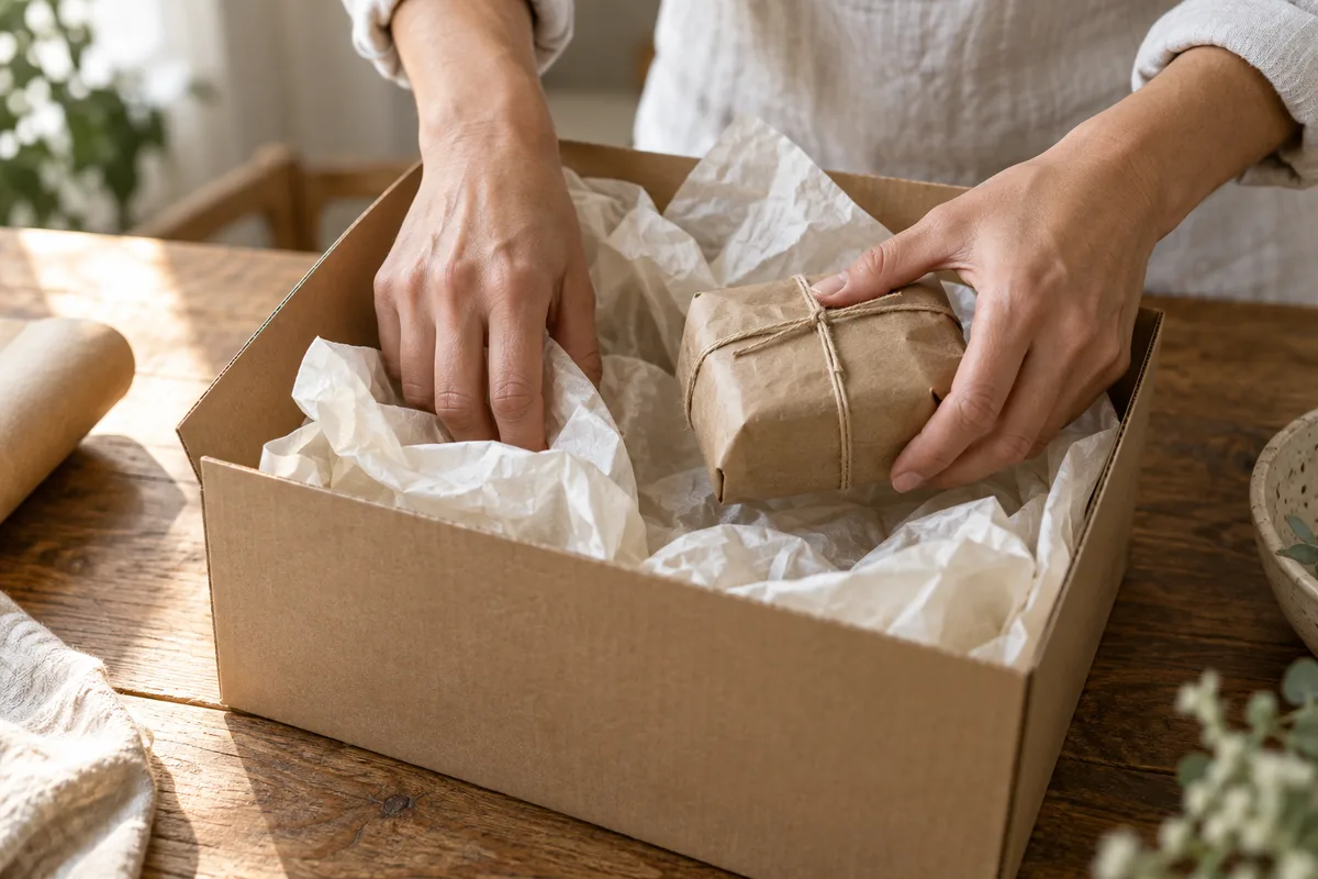 Mains composant un coffret cadeau en garnissant une boîte de papier de soie froissé