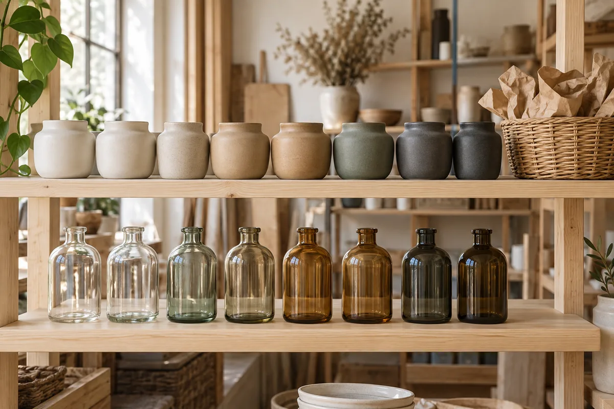 Étagère claire garnie de petits flacons et pots unis assortis par couleur