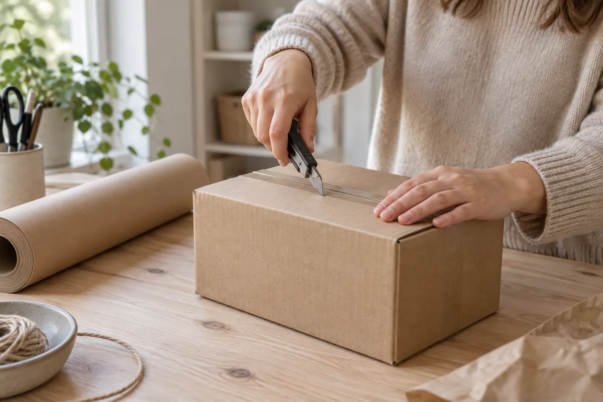 Mains d&rsquo;une femme en pull beige ouvrant un colis brun uni avec un cutter sur une table d&rsquo;emballage