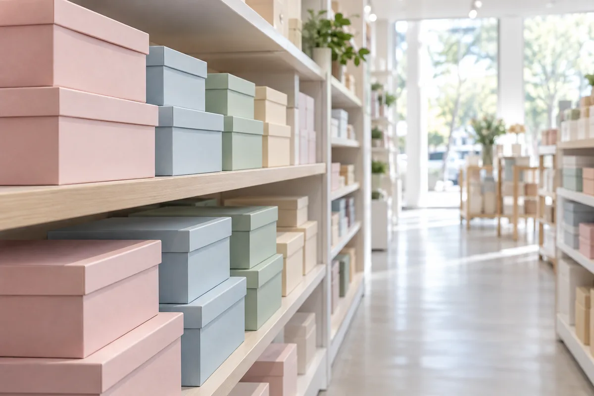 Rayonnage de boutique garni de boîtes unies aux teintes pastel dans une allée lumineuse