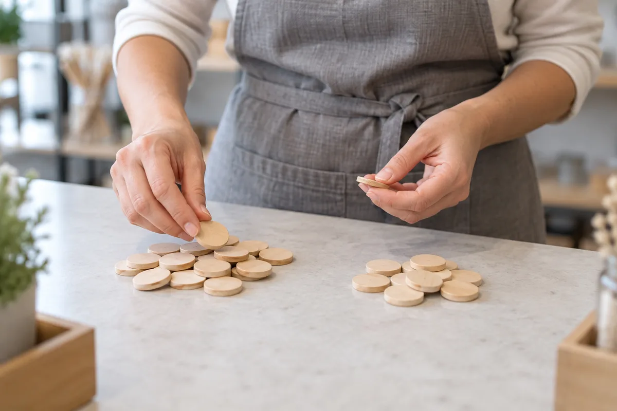 Mains d’une femme en tablier gris comptant des jetons de bois unis répartis en deux tas sur un comptoir clair