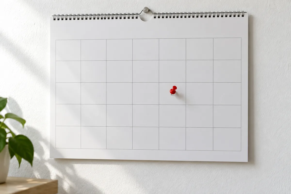 Calendrier mural vierge avec une punaise rouge plantée sur une case, mur blanc et lumière latérale
