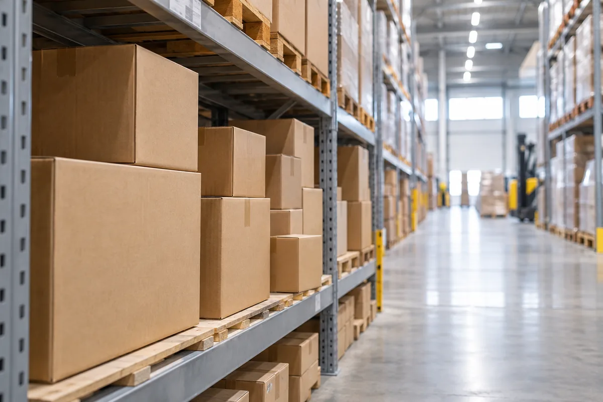 Étagère de stock garnie de boîtes en carton unies de tailles différentes dans une allée d’entrepôt lumineuse