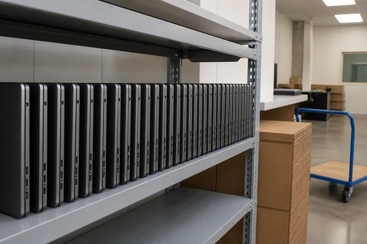 Rangée d&rsquo;ordinateurs portables identiques posés sur une étagère métallique dans un atelier technique