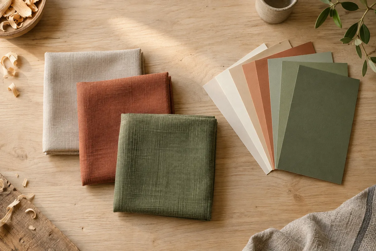 Trois échantillons de tissu uni pliés à côté d&rsquo;un nuancier vierge sur un plan de travail en bois clair