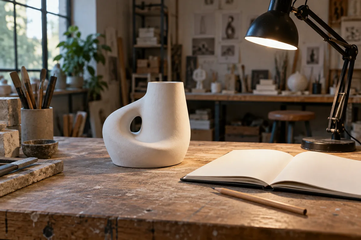 Établi d&rsquo;atelier avec maquette en plâtre blanc, carnet ouvert vierge et lampe articulée en bout de table