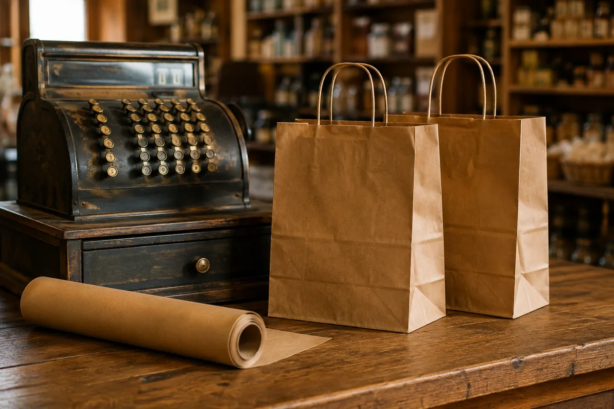 Comptoir de boutique avec caisse enregistreuse et sacs en papier kraft