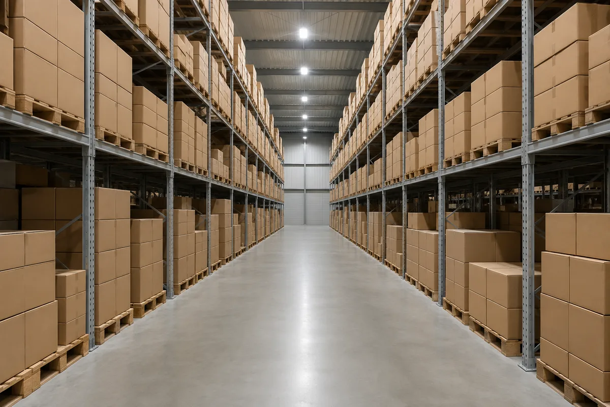 Rayonnage de stock avec cartons bruns uniformes et étagères métalliques