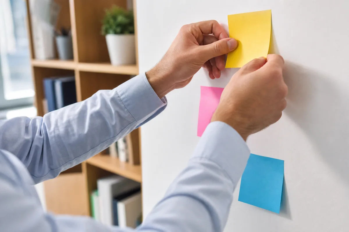 Mains posant des notes adhésives colorées sur le mur d&rsquo;un bureau lumineux