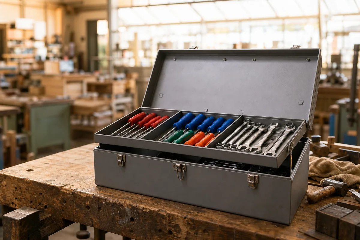 Boîte à outils métallique ouverte sur un établi en bois dans un atelier