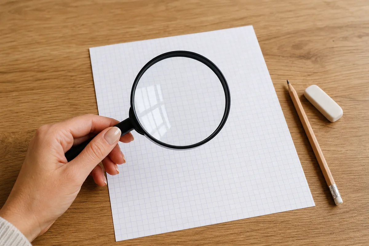 Main tenant une loupe au-dessus d&rsquo;une feuille quadrillée sur une table en bois