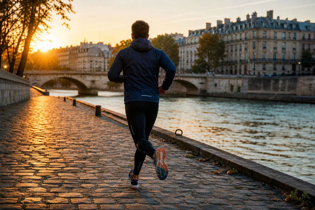 Coureur vu de dos sur un quai de Seine au petit matin
