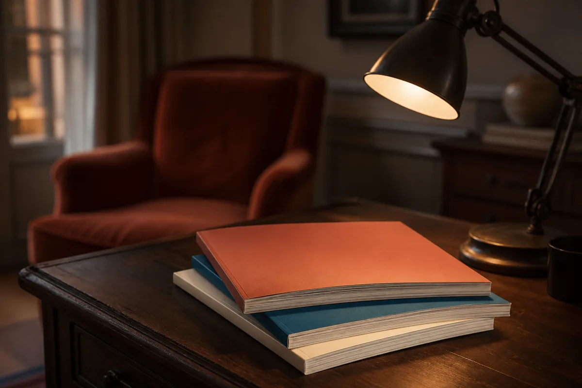 Pile de magazines aux couvertures colorées unies sur un bureau en bois