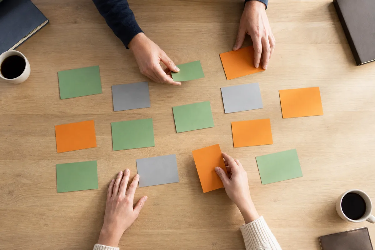 Mains déplaçant des cartes cartonnées colorées sur une grande table vue en plongée