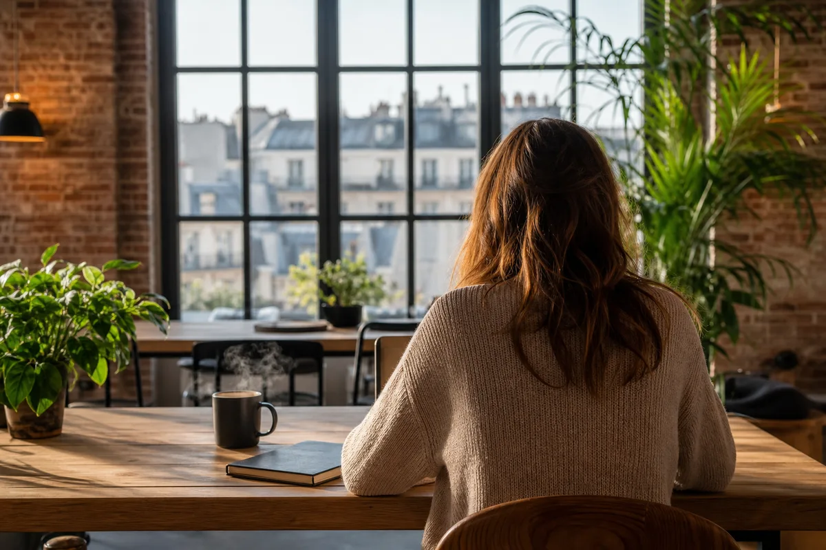 Personne de dos travaillant sur un ordinateur portable dans un espace de coworking lumineux