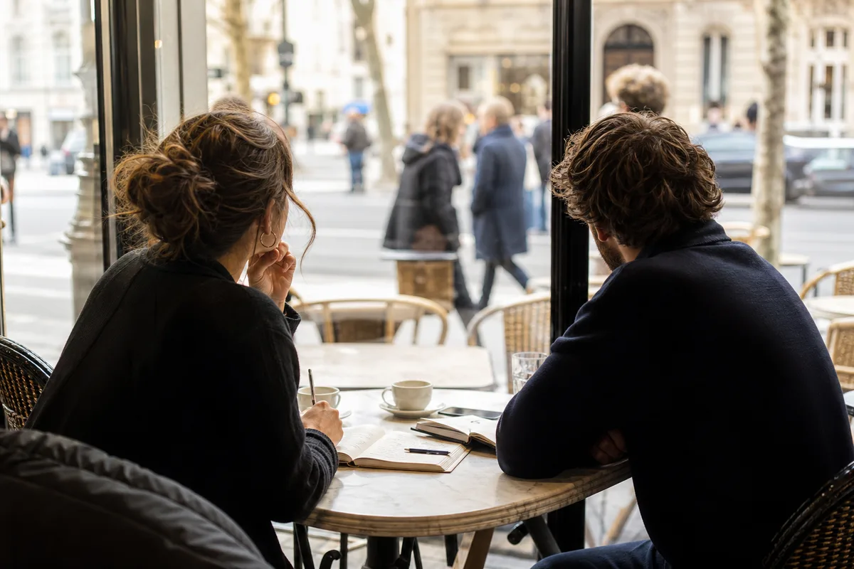 Discussion professionnelle autour d’un café dans un établissement parisien