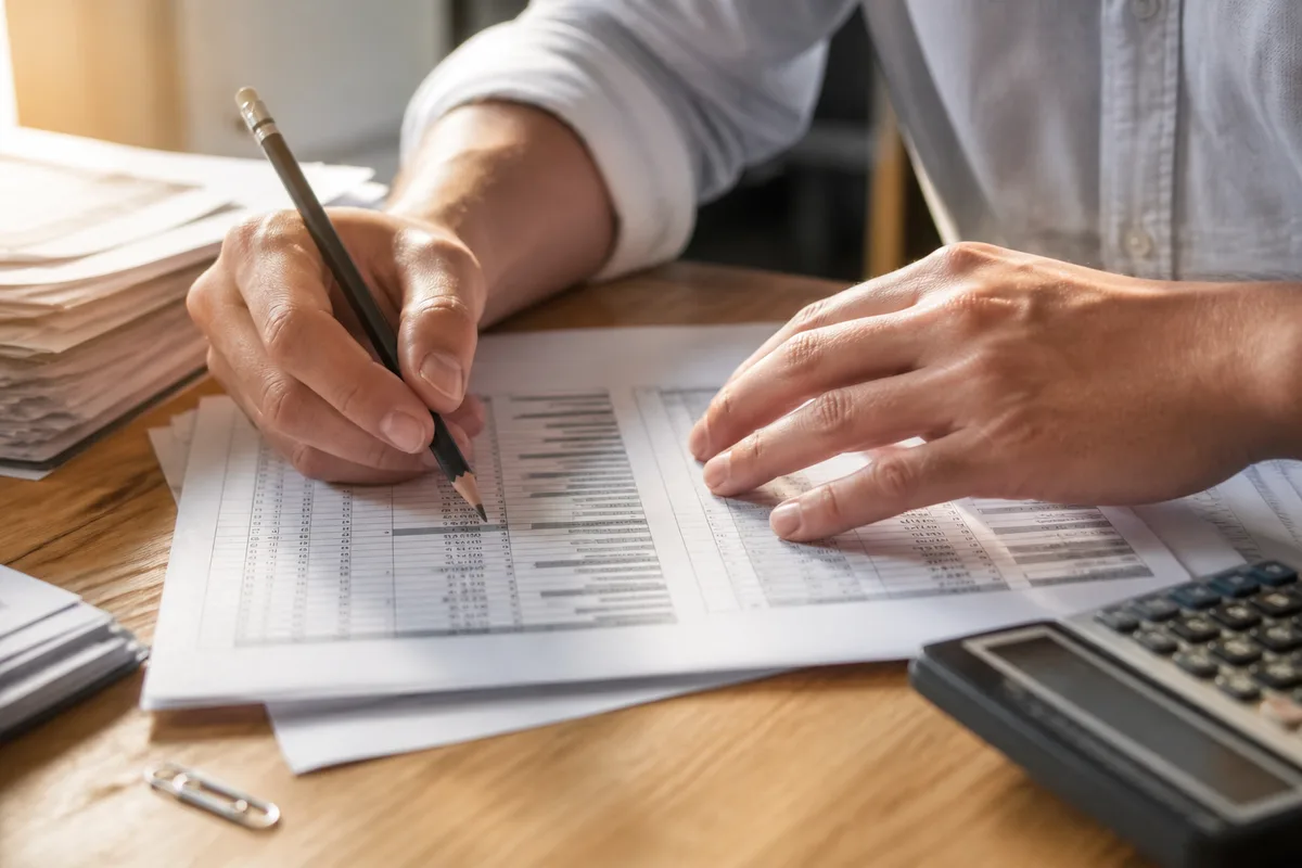 Mains d’un dirigeant annotant un tableau de dépenses imprimé à côté d’une calculatrice sur un bureau en bois clair