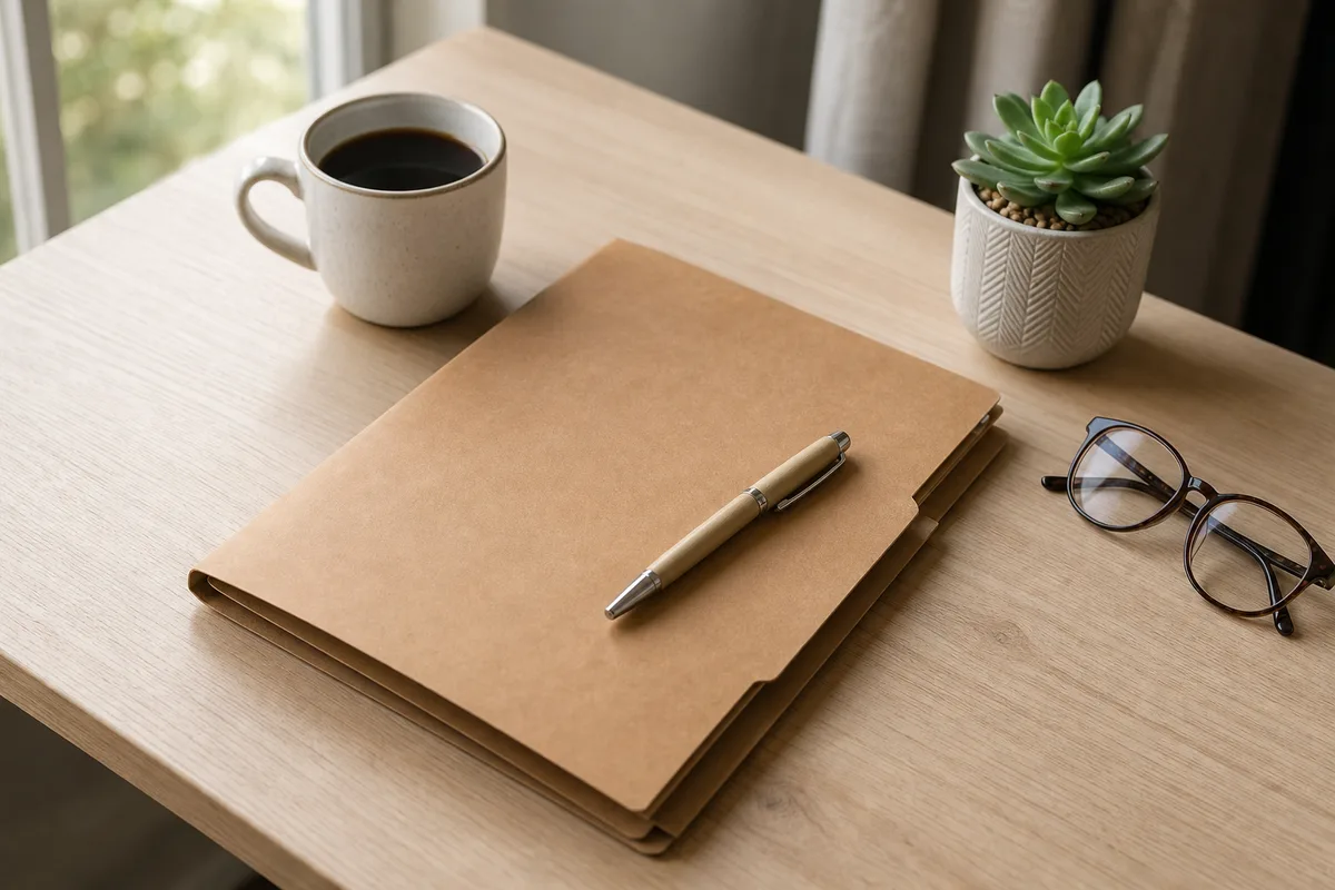 Dossier de documents administratifs sur le bureau d&rsquo;un créateur de micro-entreprise