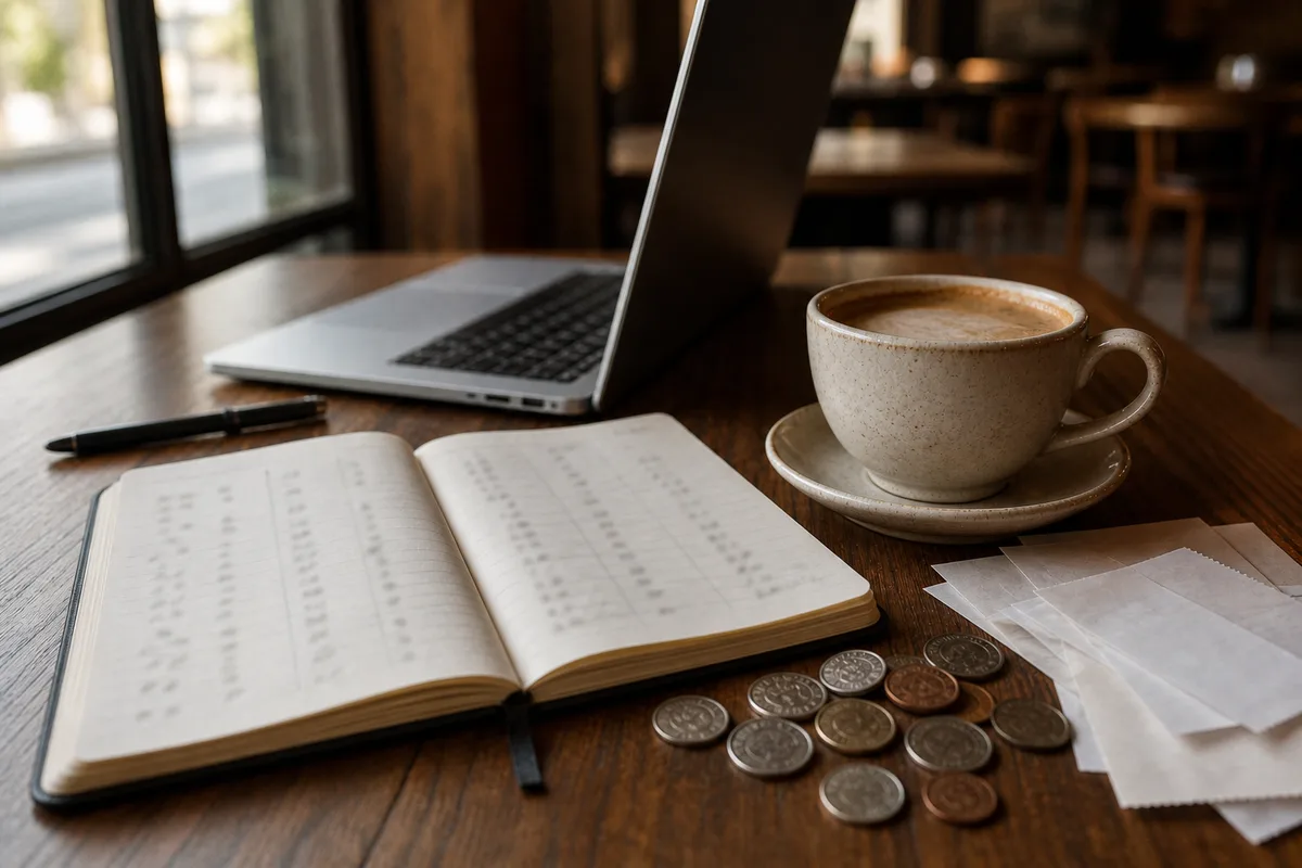 Espace de travail d&rsquo;indépendant avec ordinateur portable, carnet de comptes et tasse de café