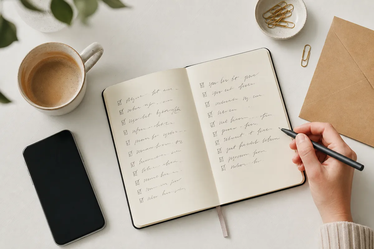 Carnet de notes avec liste de tâches manuscrite à côté d&rsquo;un smartphone et d&rsquo;un café sur une table de travail