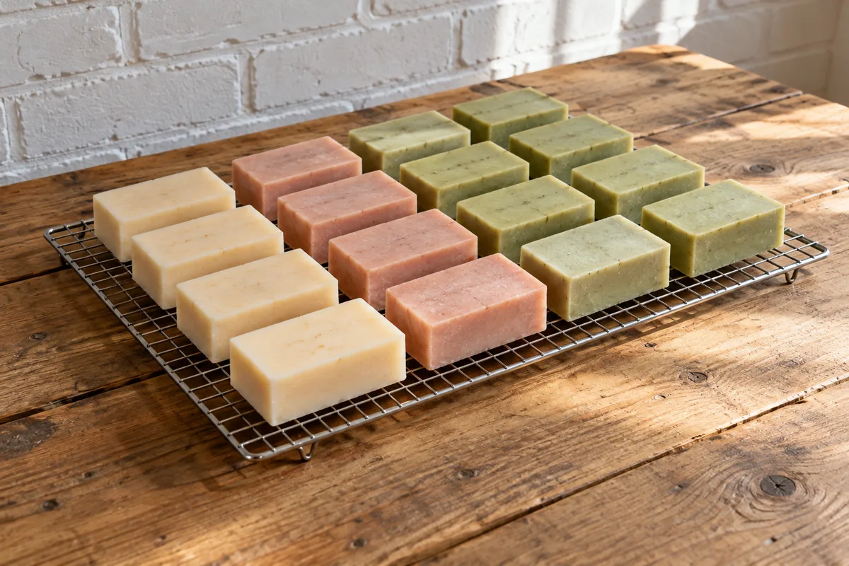 Savons artisanaux unis crème, rose poudré et vert pâle qui sèchent sur une grille posée sur une table d&rsquo;atelier en bois brut