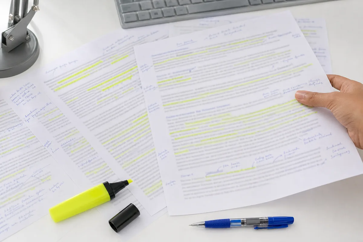 Article imprimé annoté au marqueur sur le bureau d’un rédacteur web en France