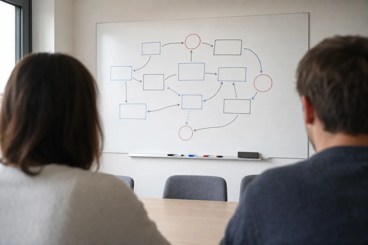 Schéma de liens entre plusieurs sites tracé au feutre sur un tableau blanc de bureau