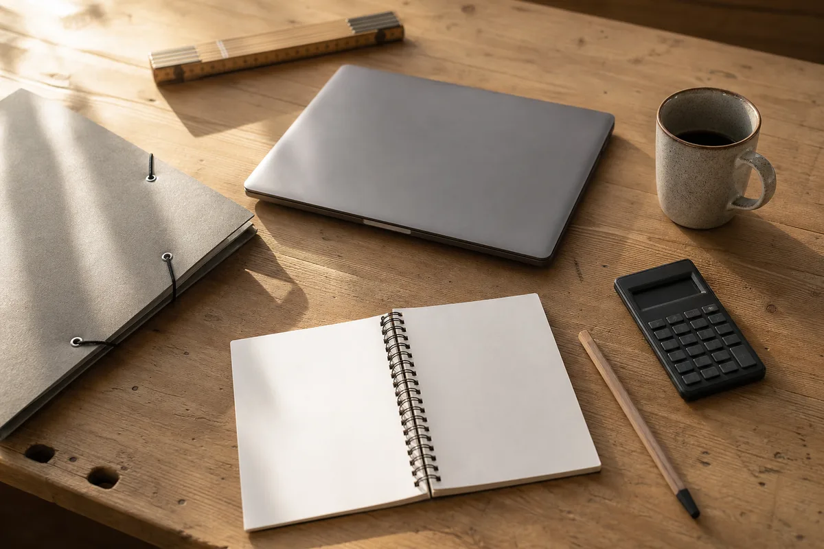 Écran d&rsquo;ordinateur portable posé sur un bureau d&rsquo;artisan avec dossiers et calculatrice