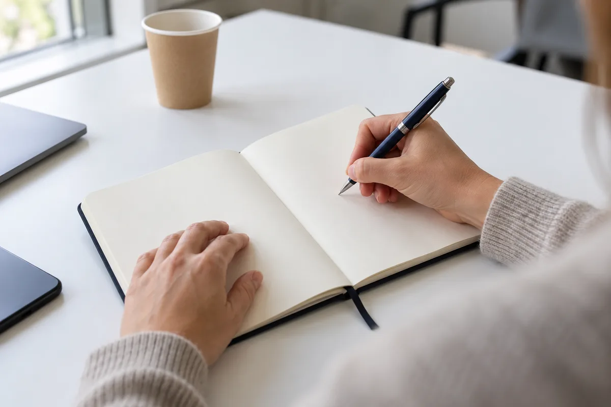 Mains prenant des notes dans un carnet ouvert pendant une formation en stratégie marketing