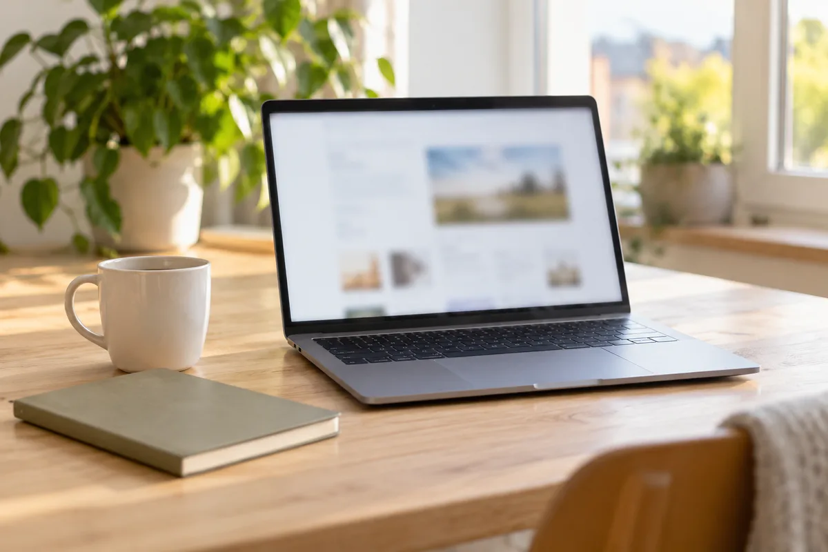 Ordinateur portable ouvert à côté d&rsquo;un gobelet et d&rsquo;un carnet fermé pour suivre une formation en ligne
