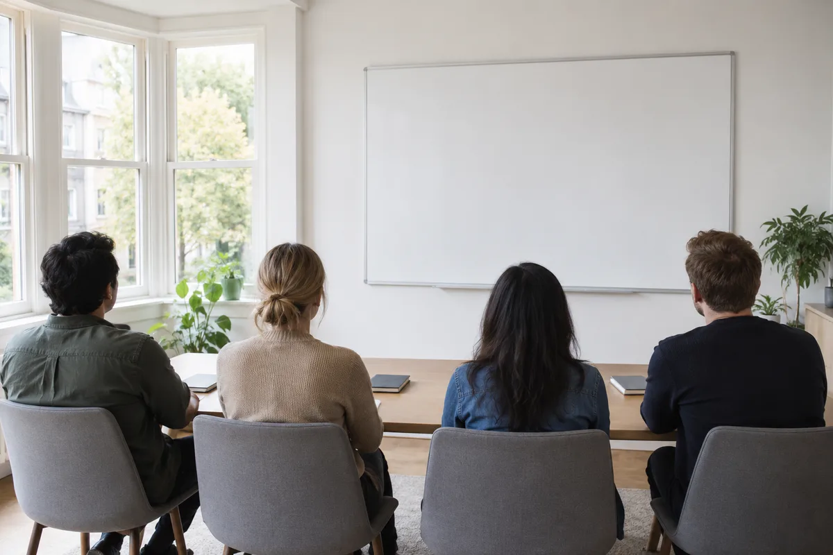 Quatre participants de dos face à un tableau blanc lors d&rsquo;un atelier de stratégie marketing