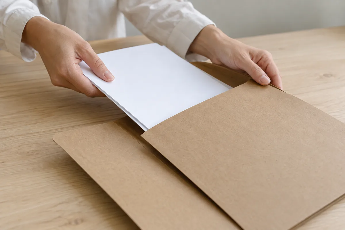 Mains classant des feuilles vierges dans une chemise cartonnée sur un plan de travail en bois clair
