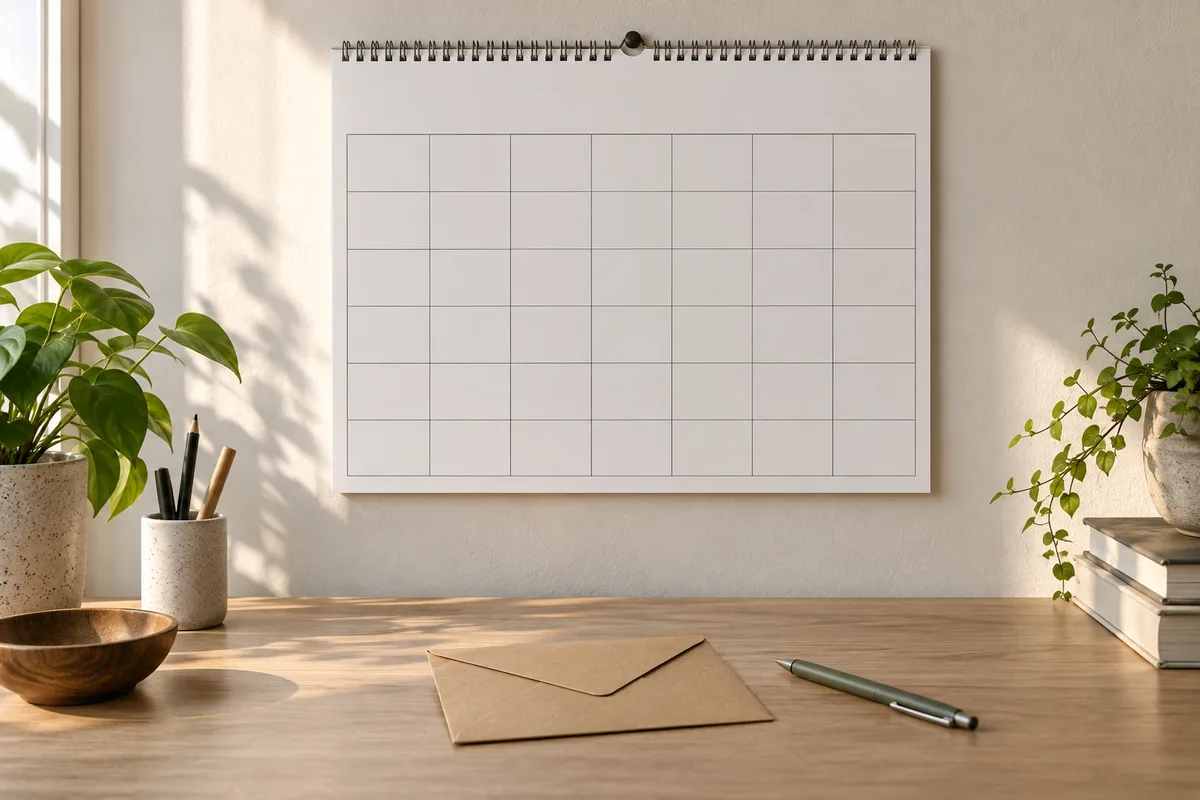 Calendrier mural clair accroché au-dessus d’un bureau, posé à côté d’une enveloppe et d’un stylo
