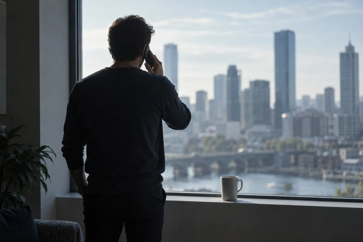Vue de dos d’une personne au téléphone devant une fenêtre, une tasse posée sur le rebord