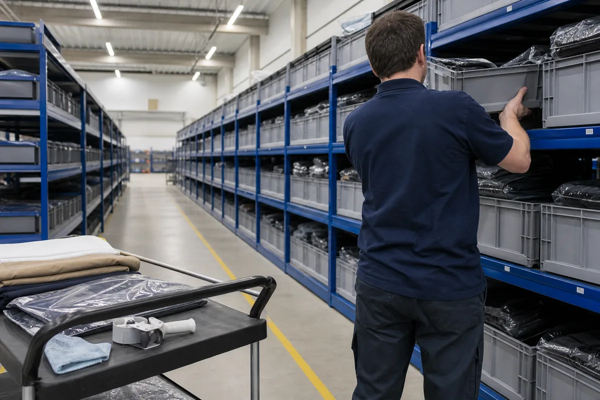 Étagères de reconditionnement avec articles textiles contrôlés dans un entrepôt logistique français
