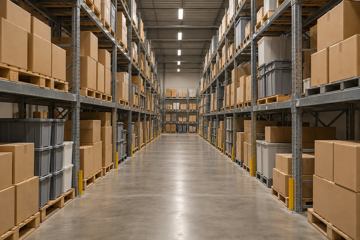 Allée d&rsquo;entrepôt bordée de rayonnages métalliques garnis de cartons bruns unis