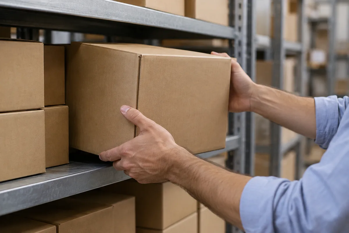 Mains ouvertes repositionnant des cartons bruns unis sur une étagère métallique