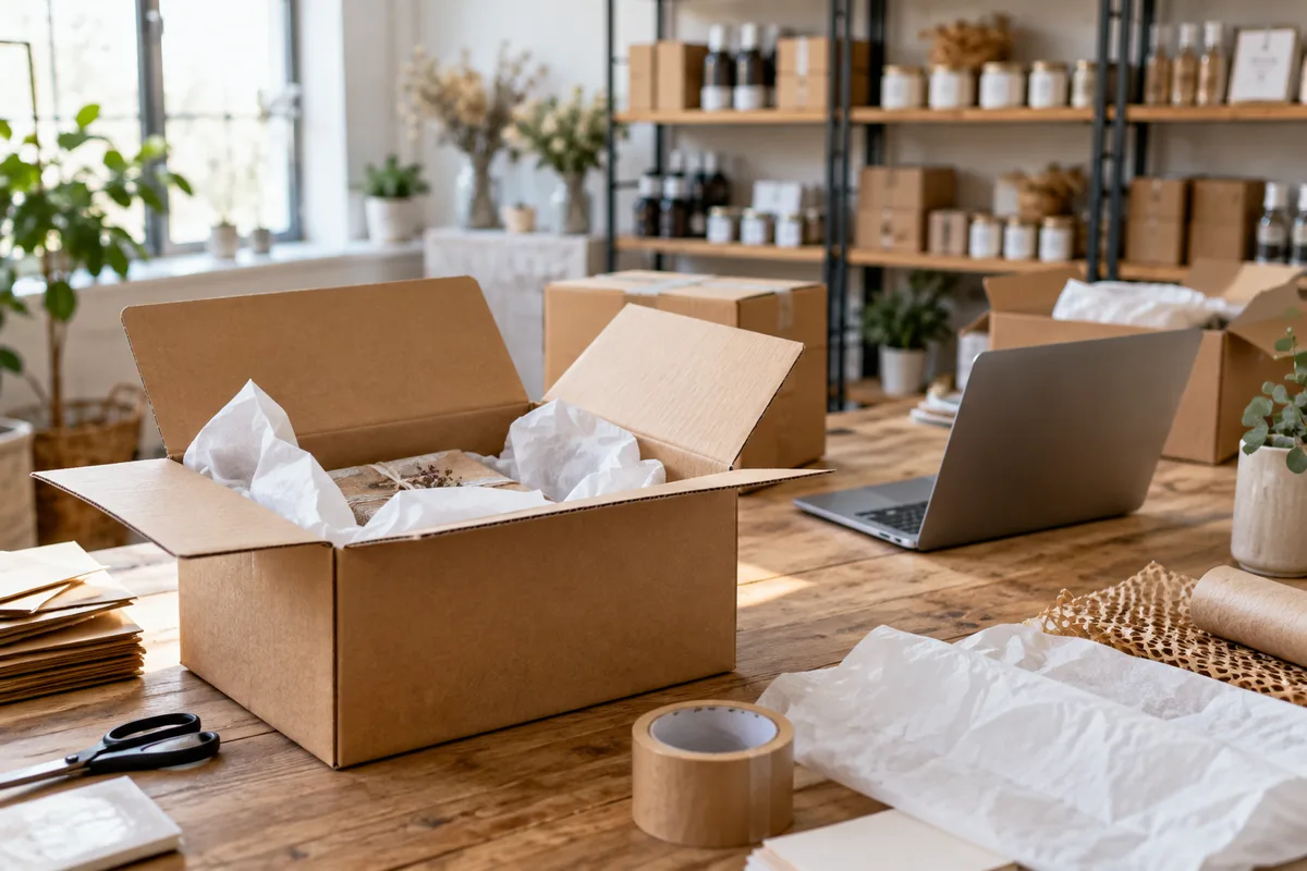 Préparation de commandes dans l&rsquo;atelier d&rsquo;une petite boutique en ligne avec cartons bruns unis et ordinateur portable