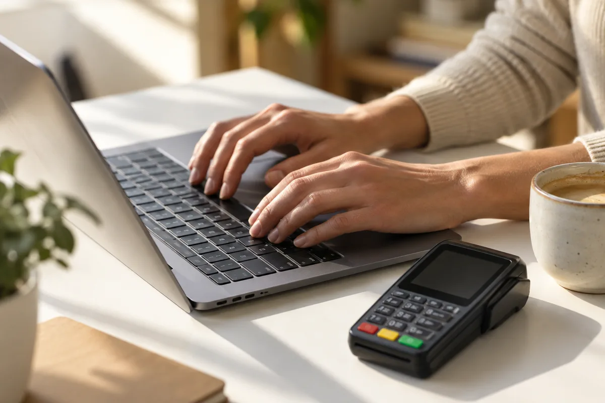 Mains tapant sur le clavier d&rsquo;un ordinateur portable posé à côté d&rsquo;un terminal de paiement éteint et d&rsquo;une tasse
