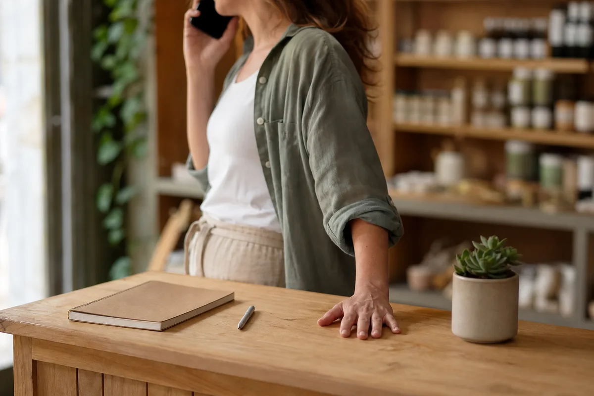 Commercante independante au comptoir de sa boutique en conversation telephonique avec un client