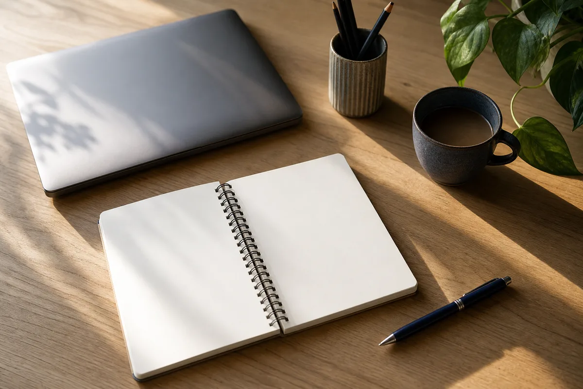 Poste de travail d une petite entreprise avec carnet de suivi, stylo et ordinateur portable