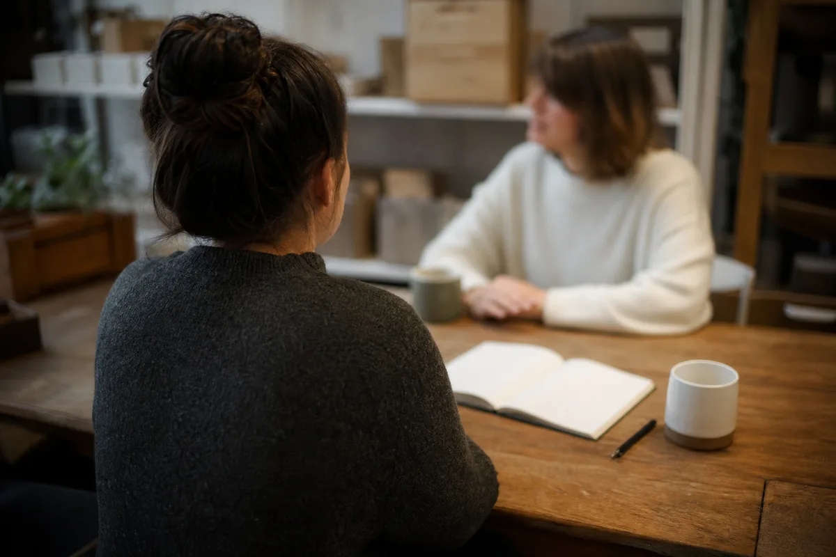 Deux commercants faisant leur point hebdomadaire autour d un carnet dans leur local