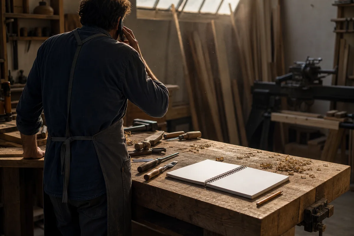 Artisan repondant au telephone dans son atelier, carnet ouvert pose sur l etabli