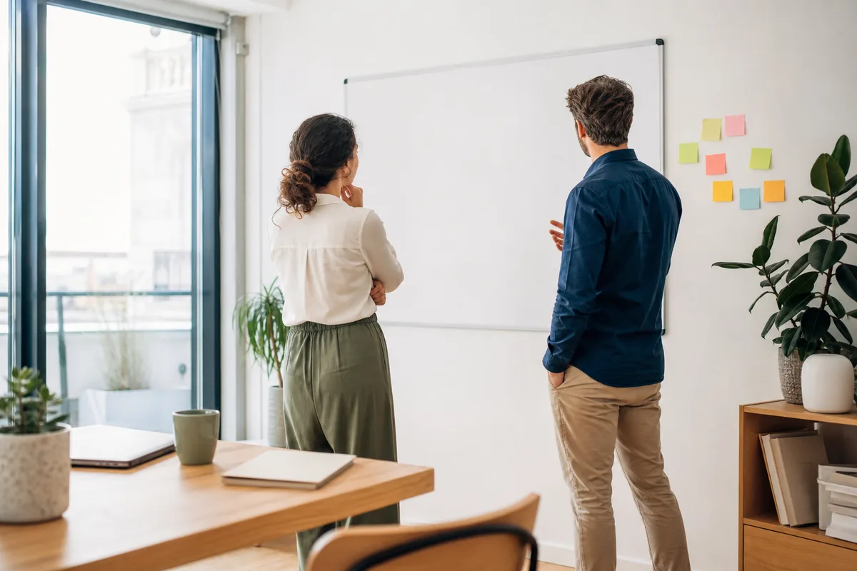 Dirigeant et collaboratrice echangeant debout dans un espace de travail lumineux