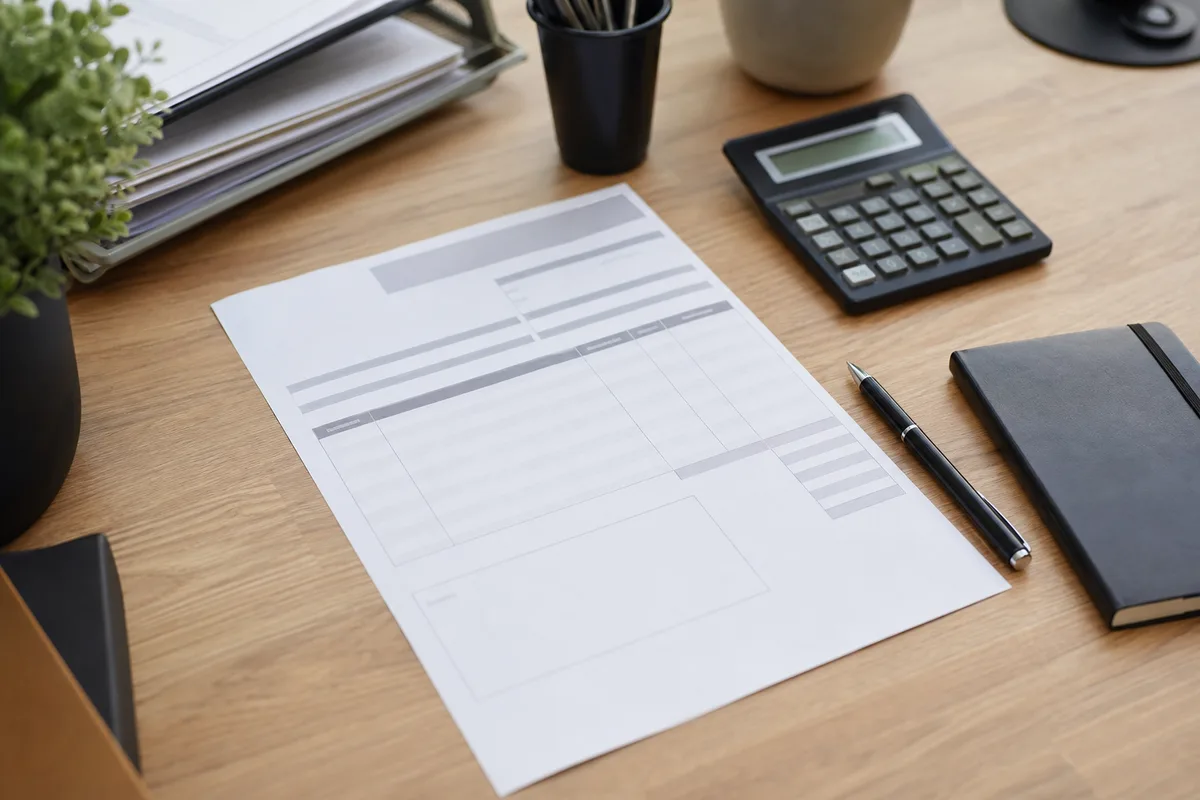 Facture papier d’auto-entrepreneur avec ses mentions obligatoires sur un bureau