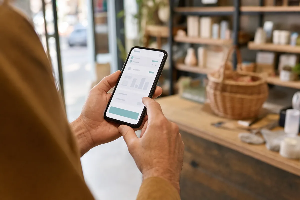 Auto-entrepreneur vérifiant ses encaissements sur une application mobile de facturation