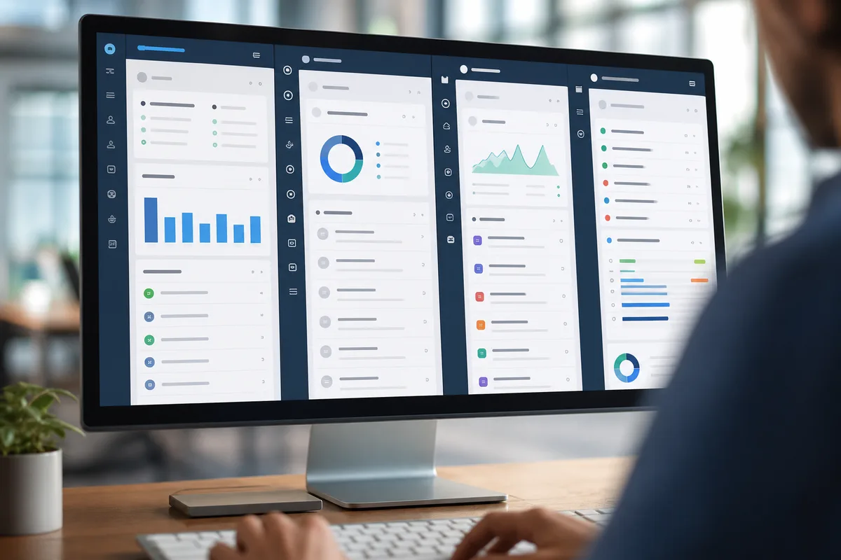 Comparaison de plusieurs logiciels CRM affichee sur un ecran d’ordinateur dans un bureau lumineux
