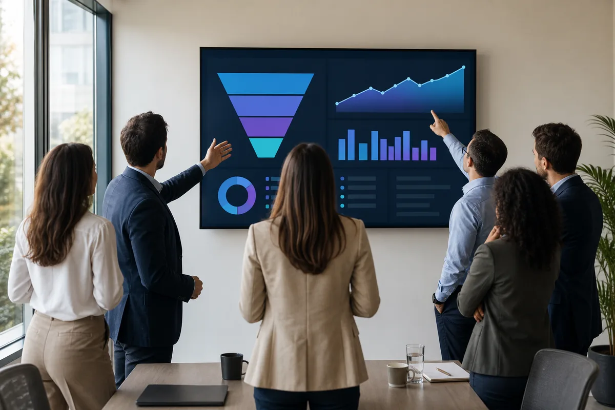 Equipe commerciale reunie autour d’un tableau de bord de suivi des ventes
