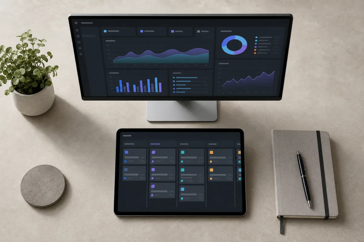 Graphiques de performance commerciale et pipeline de ventes affiches sur un tableau de bord numerique