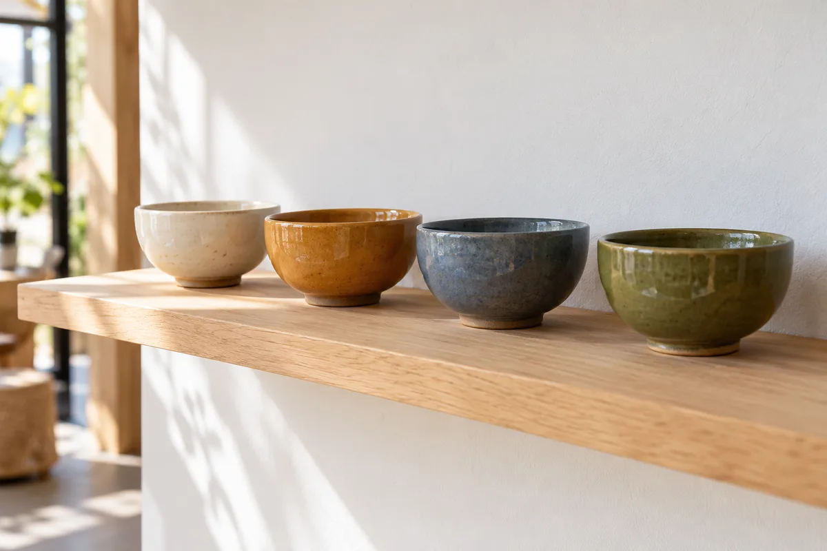 Quatre bols en céramique émaillée crème, ocre, bleu ardoise et vert olive alignés sur une étagère en bois clair